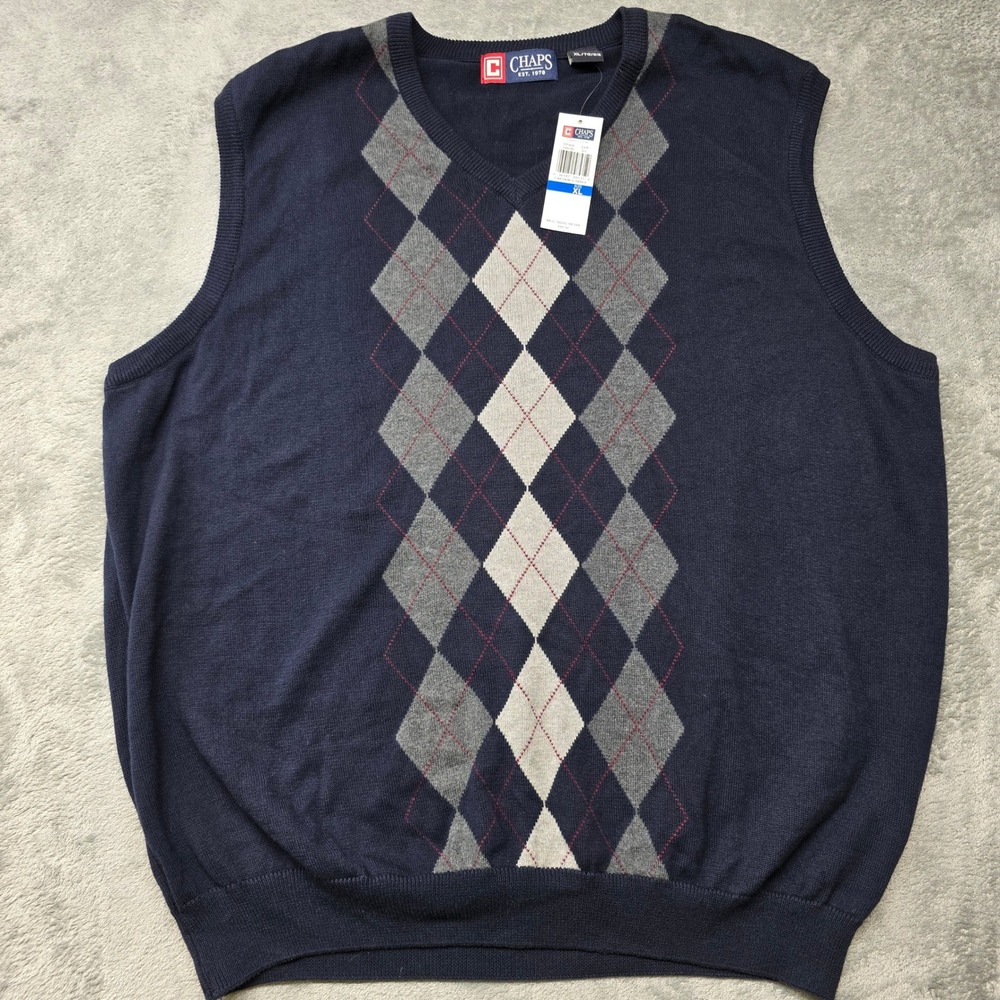 Chaps Argyle Sweater‎ Vest Mens XL Navy Blue V-Neck 100% Cotton 64813R NWT